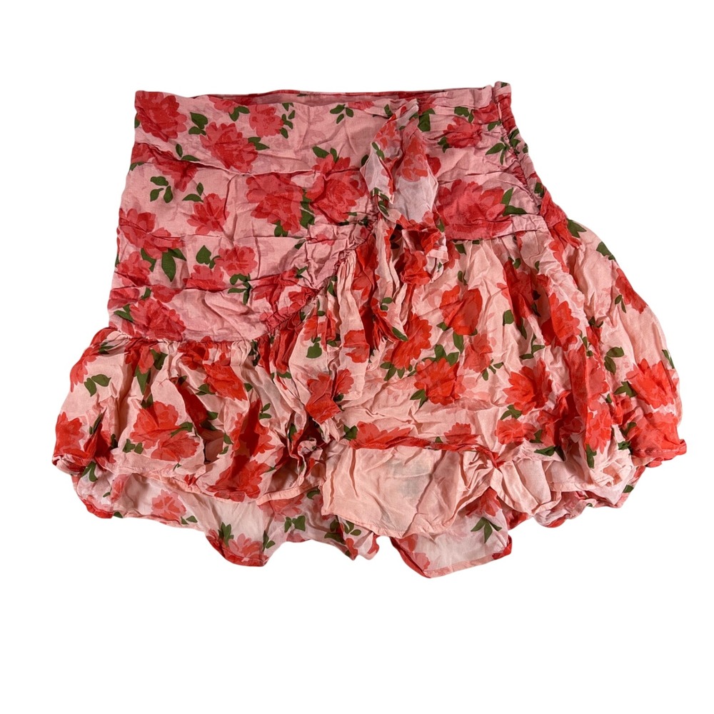 Maeve Anthropologie Floral Ruffle Mini Skort Pink Red Rose‎ Linen Blend Size 12